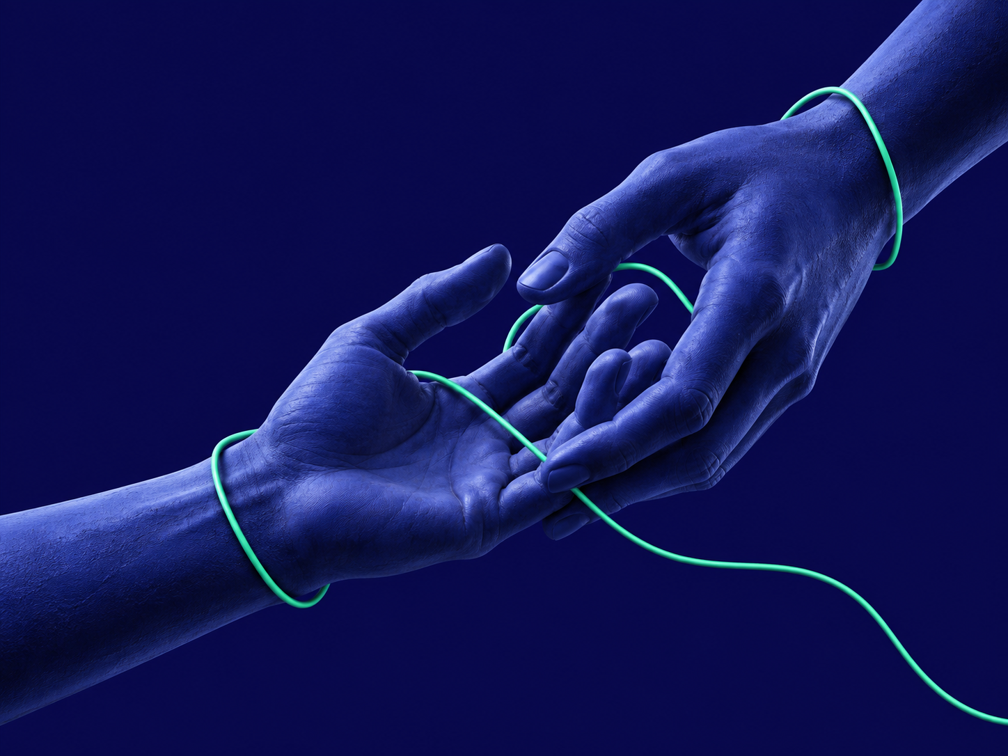 Due mani scolpite in blu, unite da un filo verde: una metafora dell’affiancamento.