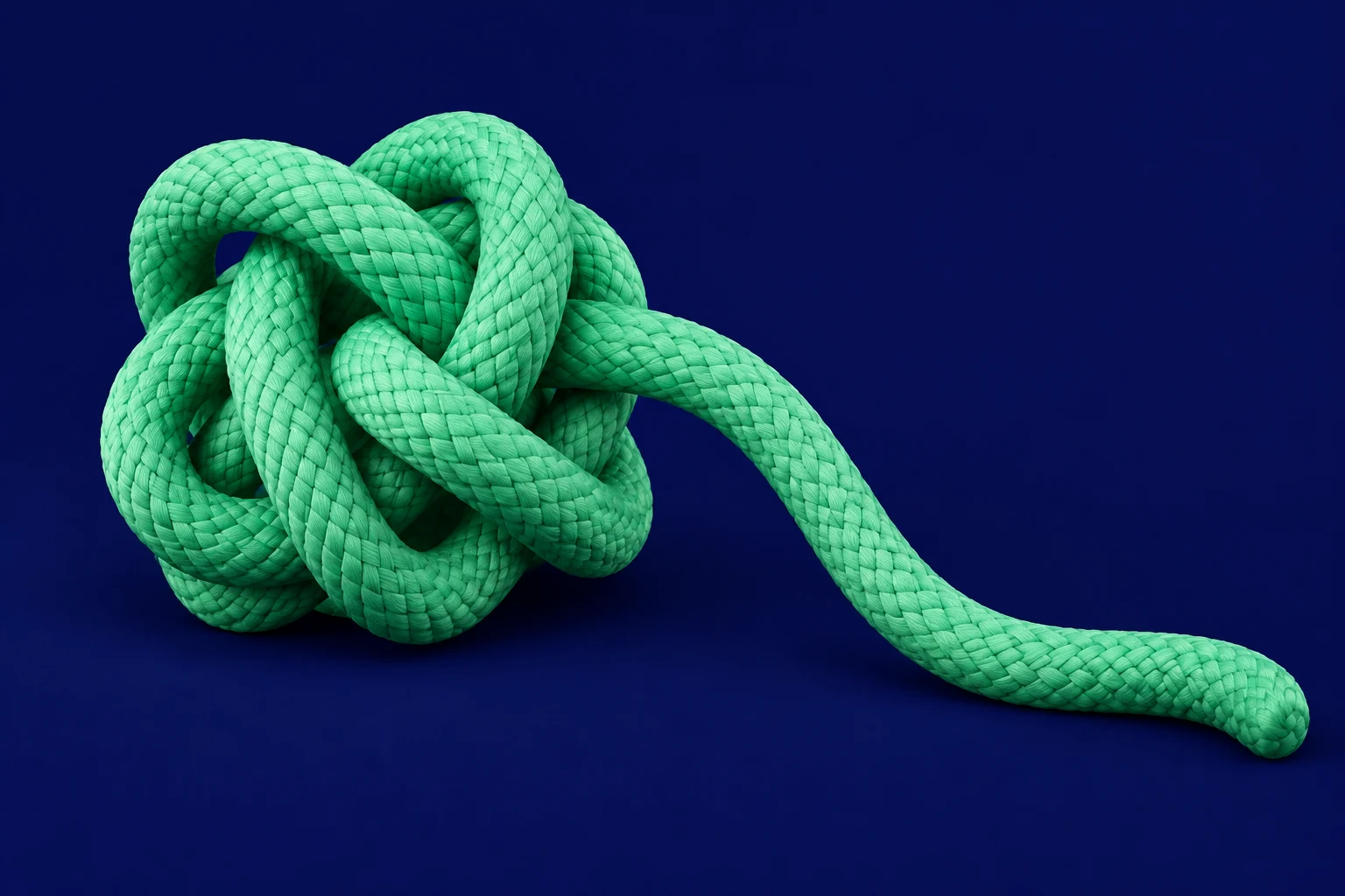 Un nodo di corda verde si scioglie in un filo disteso: fare chiarezza nella complessità del negozio.