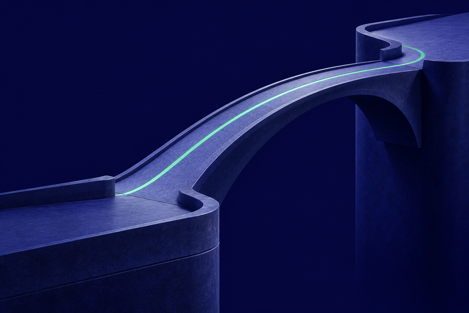 Un ponte scolpito in blu collega due basi, attraversato da un filo verde continuo.