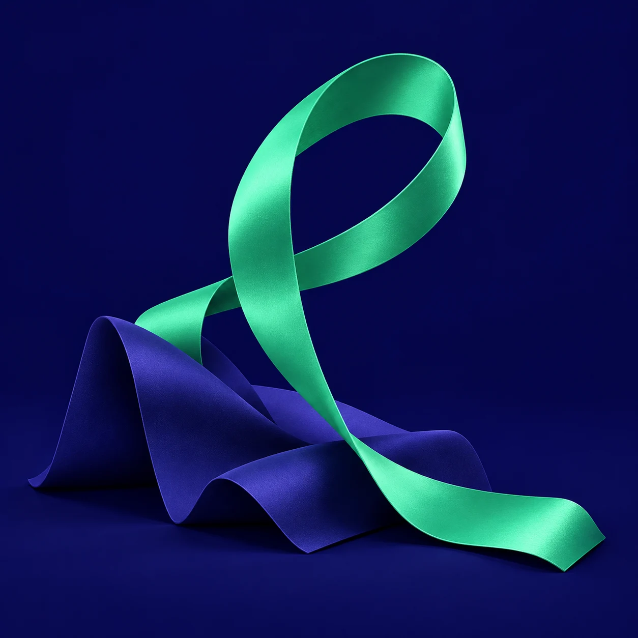Un nastro verde emerge dalle pieghe blu e forma un segno distintivo.